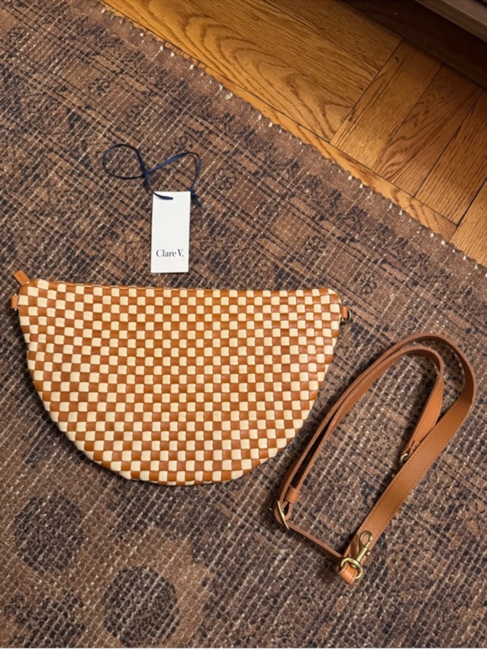 Clare V Grande Fanny Tan & Cream Woven Half-Moon Crossbody Bag - Picture 2 of 2